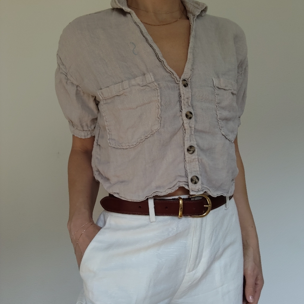 Zara Linen Button Front Cropped Shirt / Size Small - Picture 3 of 10